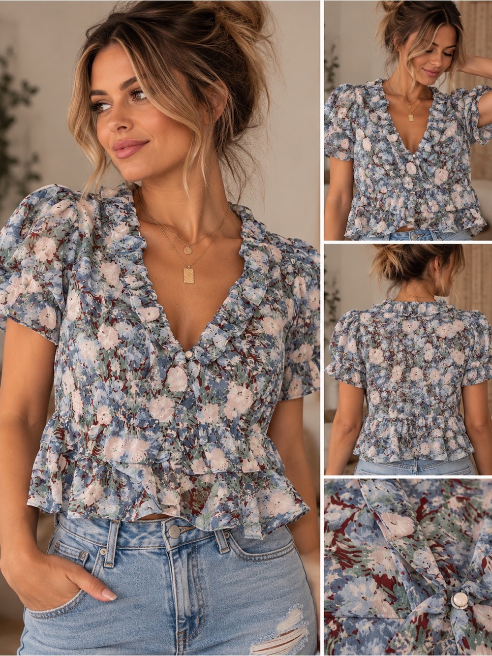 En Saison Floral Print Button-Up Ruffle Peplum Blouse | XS